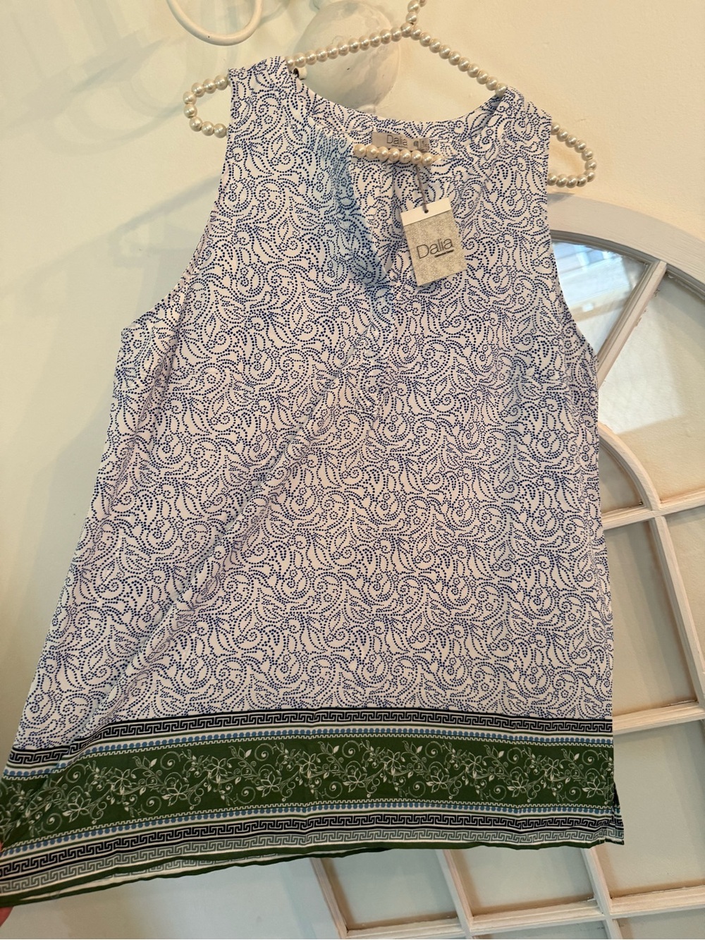 NWT Dalia Blue White Paisley Sleeveless Blouse Top Large Mediterranean